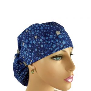 Ponytail Medical Scrub Cap - Blue Glitter Stars