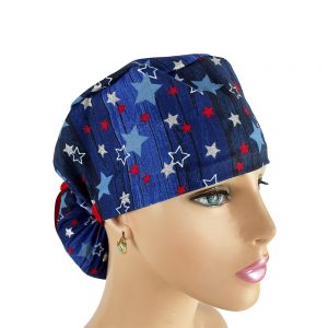 Ponytail Medical Scrub Cap - Red White Stars On Blue