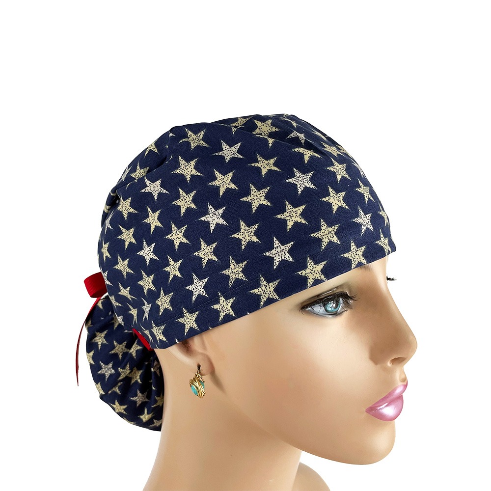 Ponytail Medical Scrub Cap - Rustic Mini Stars on Navy