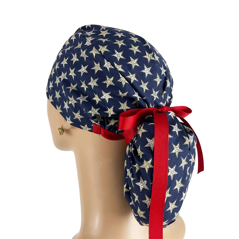 Ponytail Medical Scrub Cap - Rustic Mini Stars on Navy - Image 3