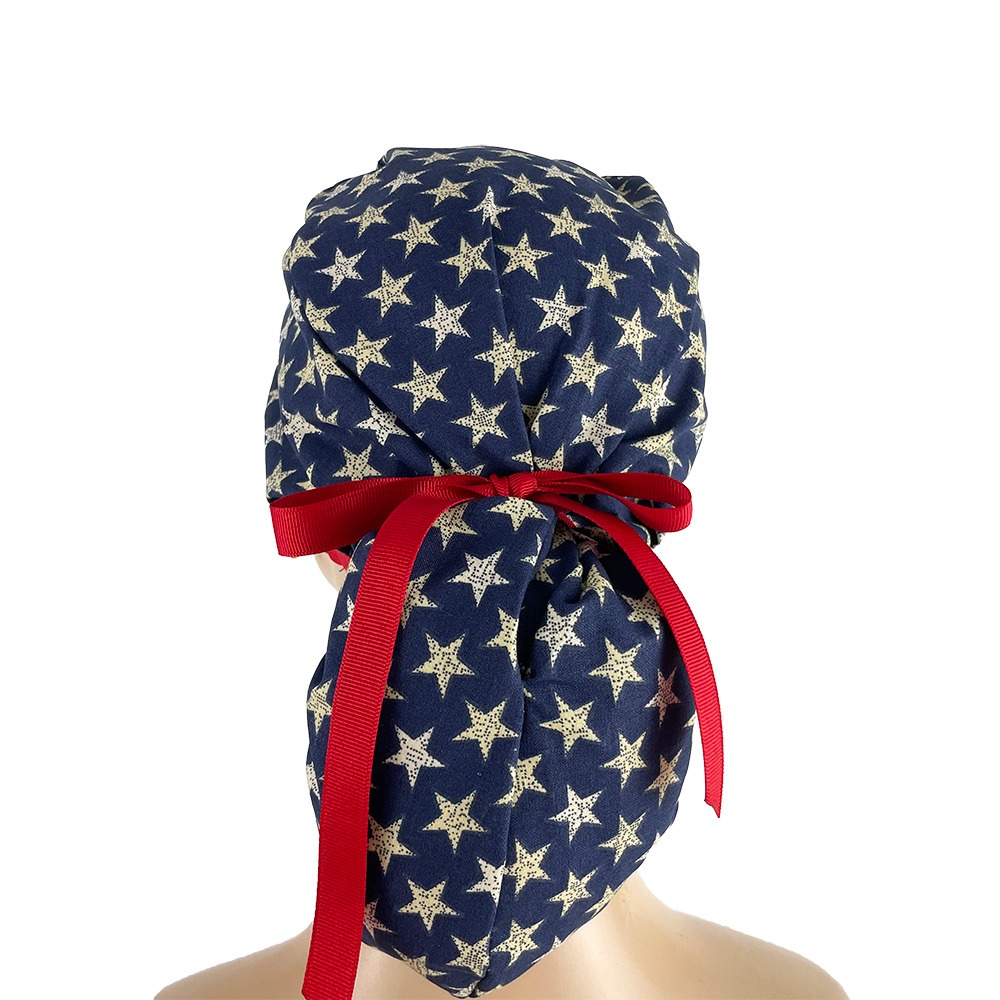 Ponytail Medical Scrub Cap - Rustic Mini Stars on Navy - Image 4