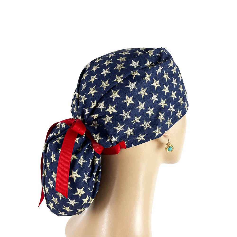 Ponytail Medical Scrub Cap - Rustic Mini Stars on Navy - Image 5