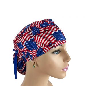 Ponytail Medical Scrub Cap - American Flags Patriotic USA