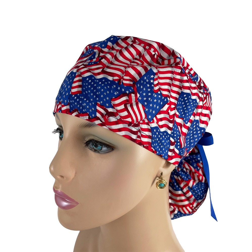 Ponytail Medical Scrub Cap - American Flags Patriotic USA - Image 2