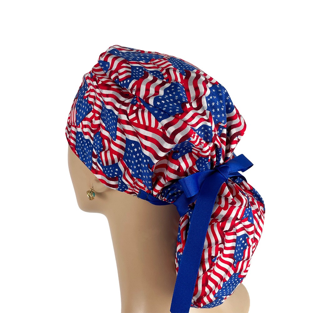 Ponytail Medical Scrub Cap - American Flags Patriotic USA - Image 3