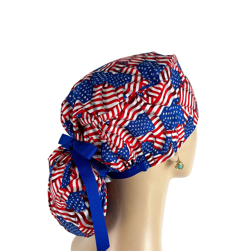 Ponytail Medical Scrub Cap - American Flags Patriotic USA - Image 5