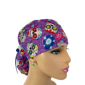 Ponytail Medical Scrub Cap - Day of the Dead