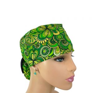 Ponytail Medical Scrub Cap - Green Paisleys