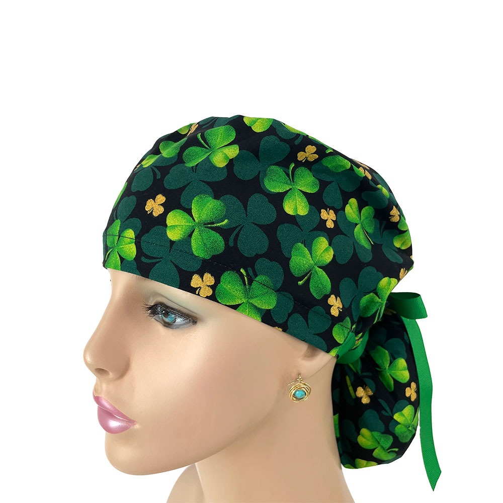 Ponytail Medical Scrub Cap - Shamrock and Gold Glitters - Image 2