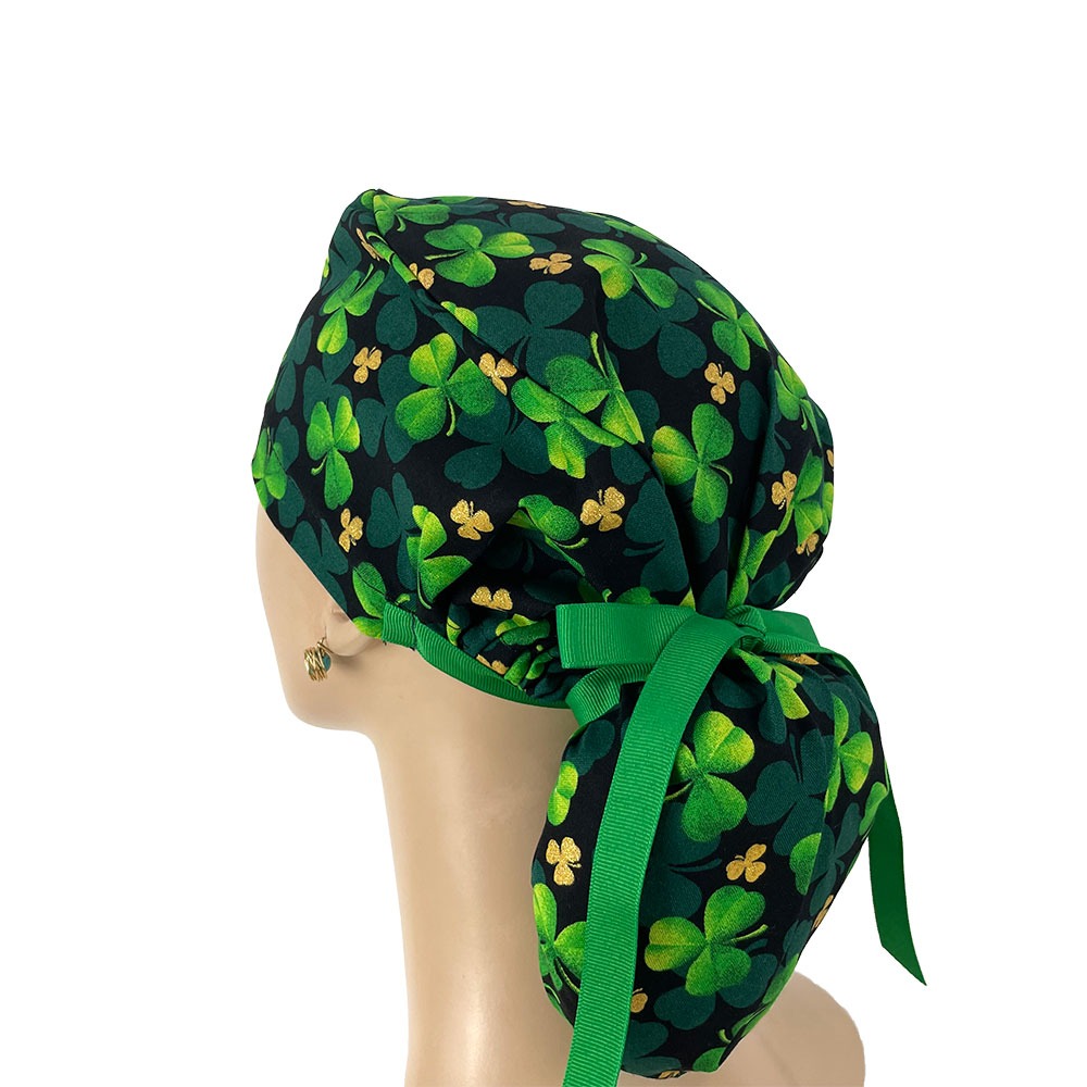 Ponytail Medical Scrub Cap - Shamrock and Gold Glitters - Image 3
