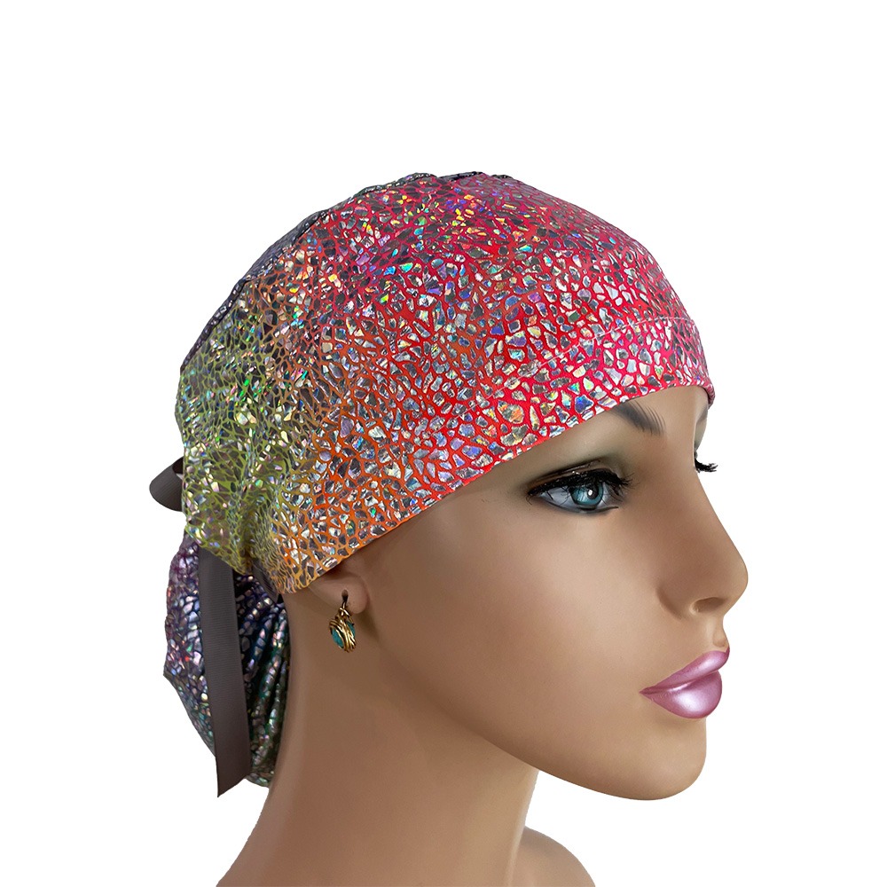 Ponytail Medical Scrub Cap - Tie-Dye Holographic (in reverse) - Image 9