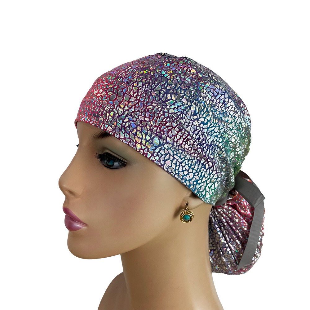 Ponytail Medical Scrub Cap - Tie-Dye Holographic - Image 2