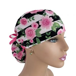 Ponytail Medical Scrub Cap - Pink Rose Striped Print
