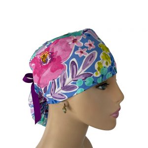 Ponytail Medical Scrub Cap - Blue and Pink Floral