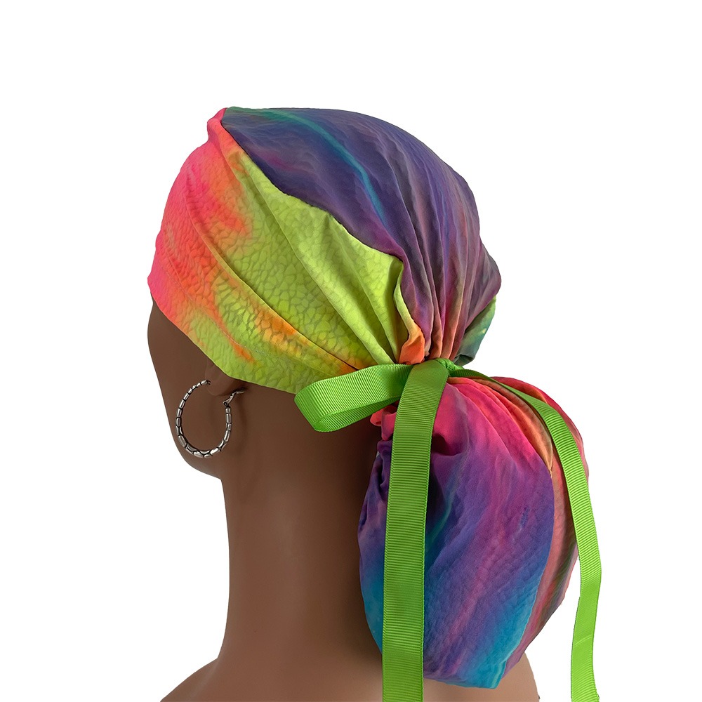 Ponytail Medical Scrub Cap - Tie-Dye Holographic (in reverse) - Image 5