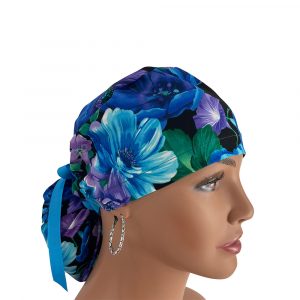 Ponytail Medical Scrub Cap - Poppy Flowers-Fantastic Blue