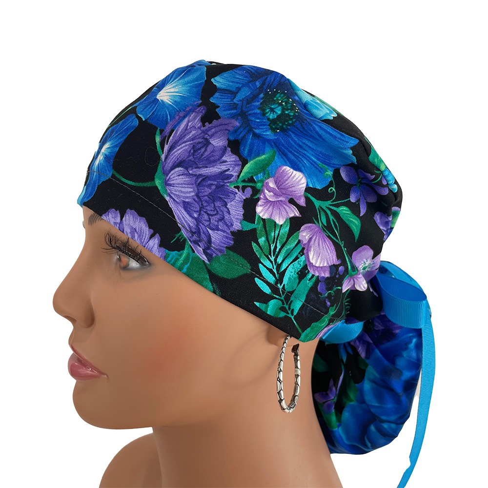 Ponytail Medical Scrub Cap - Poppy Flowers-Fantastic Blue - Image 5
