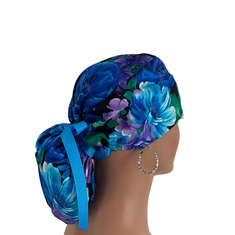 Ponytail Medical Scrub Cap - Poppy Flowers-Fantastic Blue - Image 8