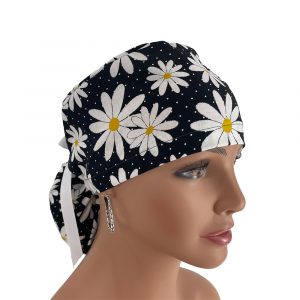 Ponytail Medical Scrub Cap - Black / White Daisies