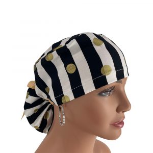Ponytail Medical Scrub Cap - Stripes/Golden Dots