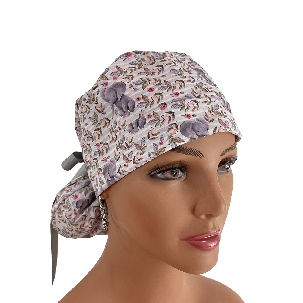 Turn Up Ponytail Medical Scrub Cap - Baby Elephants