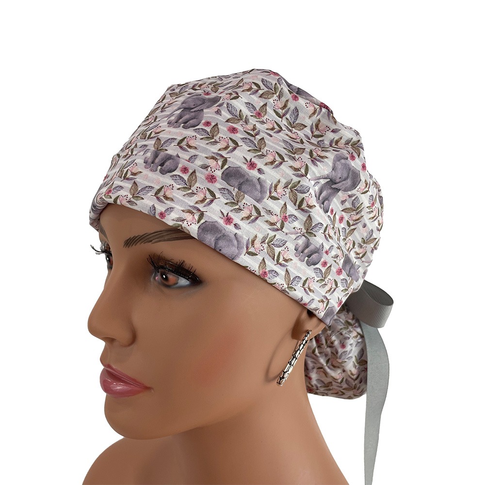Turn Up Ponytail Medical Scrub Cap - Baby Elephants - Image 4