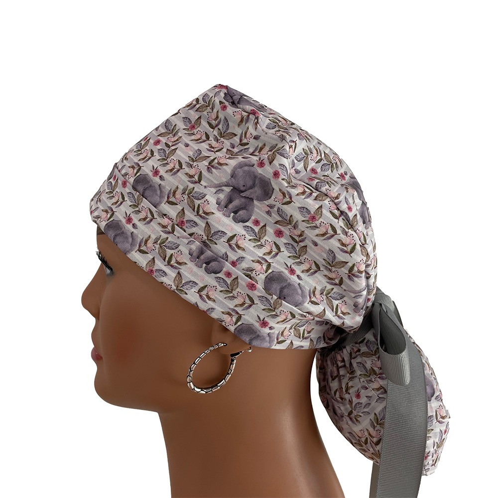 Turn Up Ponytail Medical Scrub Cap - Baby Elephants - Image 6