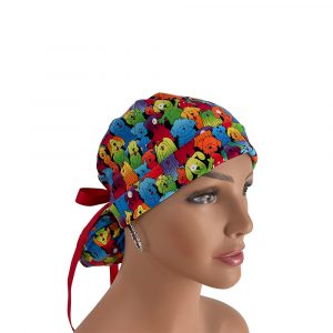 Turn Up Ponytail Medical Scrub Cap - Colorful Furry Friends