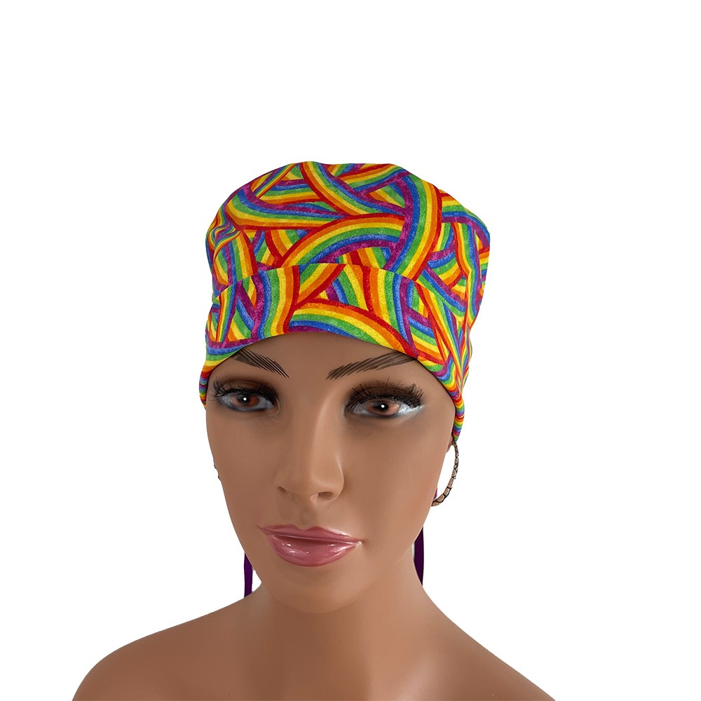 Turn Up Ponytail Medical Scrub Cap - Intertwined Rainbows - Image 3
