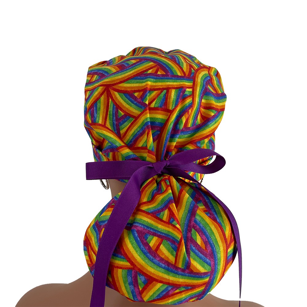 Turn Up Ponytail Medical Scrub Cap - Intertwined Rainbows - Image 8