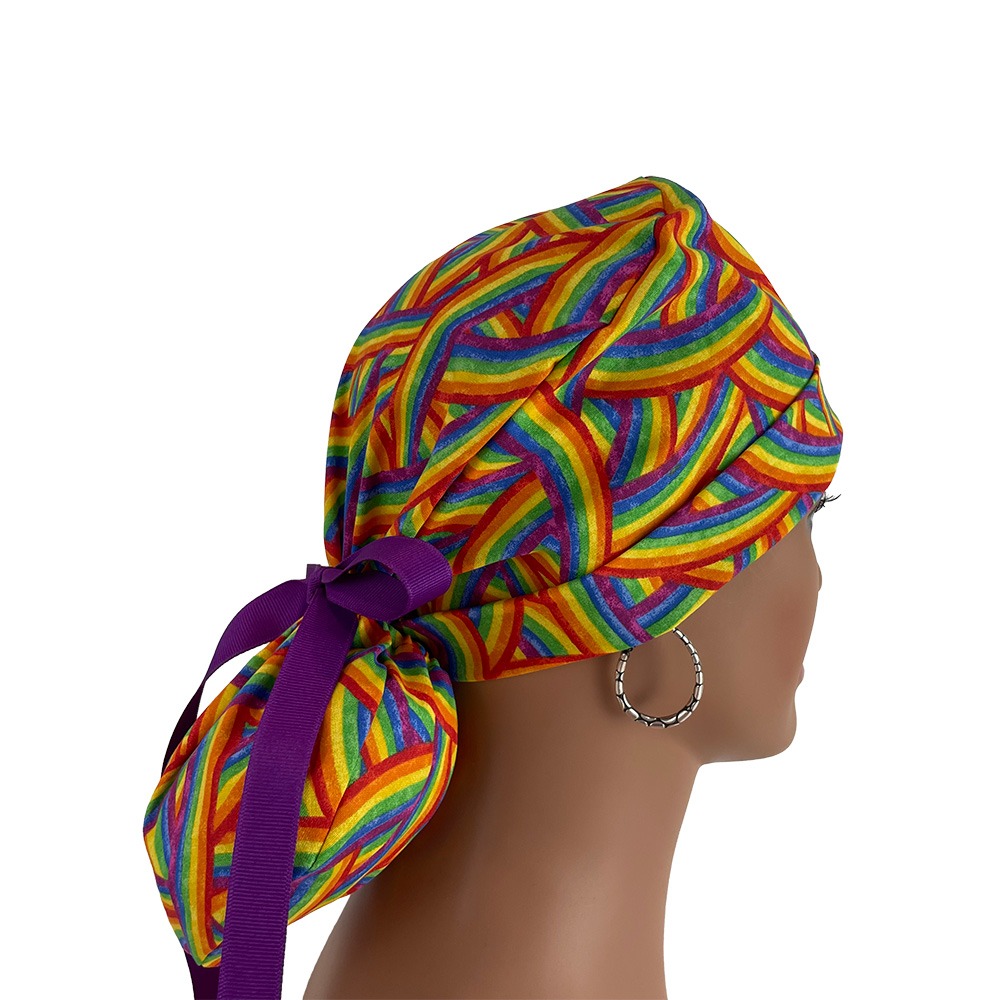 Turn Up Ponytail Medical Scrub Cap - Intertwined Rainbows - Image 9