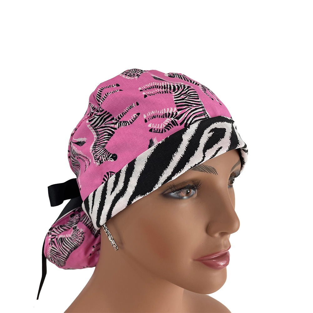 Turn Up Ponytail Medical Scrub Cap - Zebra Gathering