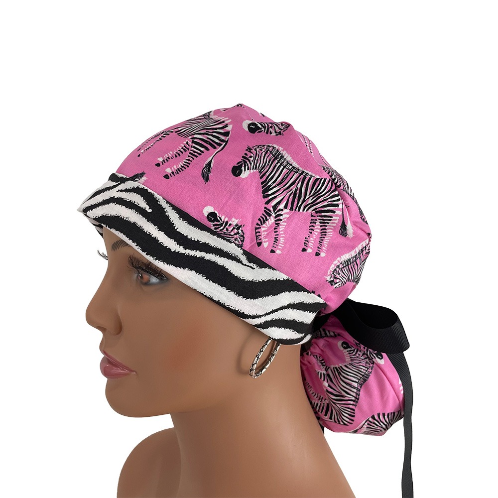 Turn Up Ponytail Medical Scrub Cap - Zebra Gathering - Image 3