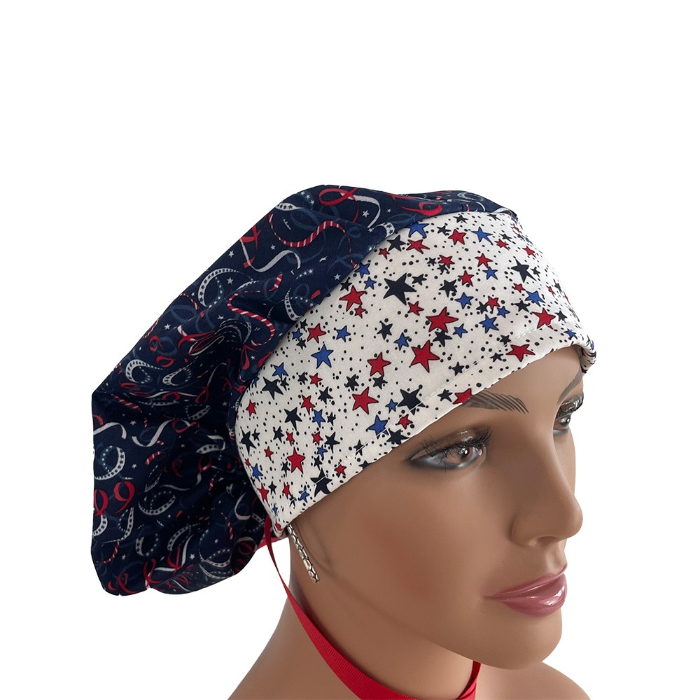 Bouffant Medical Cap - Patriotic Cotton Fabric Stars & Ribbons - Image 9