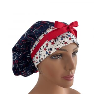 Bouffant Medical Cap - Patriotic Cotton Fabric Stars & Ribbons