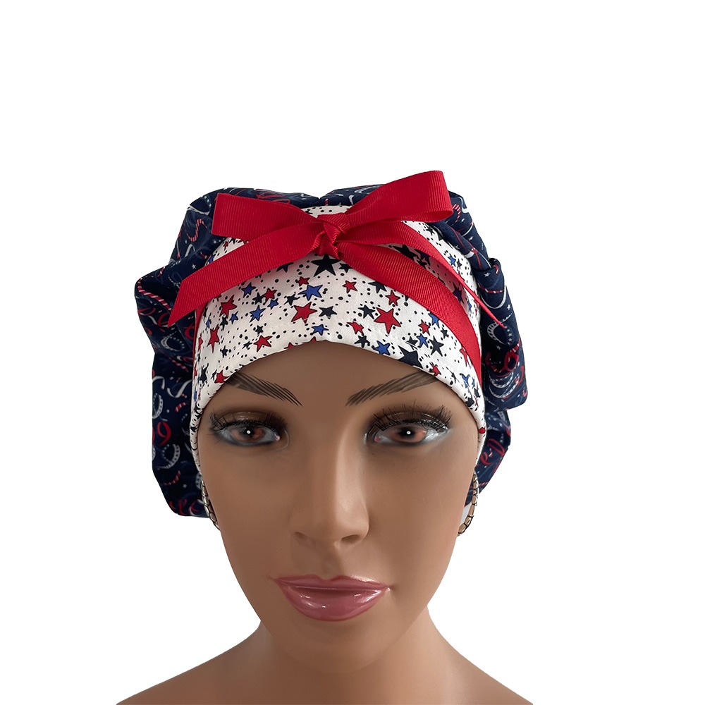 Bouffant Medical Cap - Patriotic Cotton Fabric Stars & Ribbons - Image 2