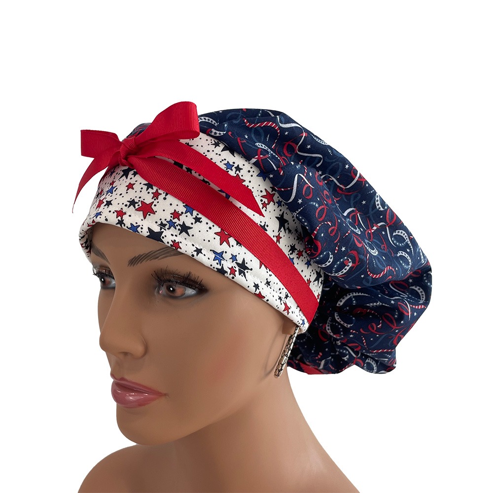 Bouffant Medical Cap - Patriotic Cotton Fabric Stars & Ribbons - Image 3