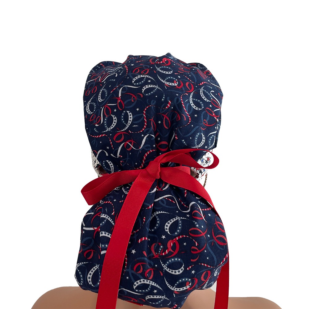 Bouffant Medical Cap - Patriotic Cotton Fabric Stars & Ribbons - Image 4