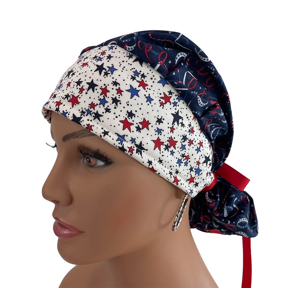 Bouffant Medical Cap - Patriotic Cotton Fabric Stars & Ribbons - Image 6
