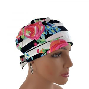 Chemo Medical Cap - Poppy Flowers Over Stripes