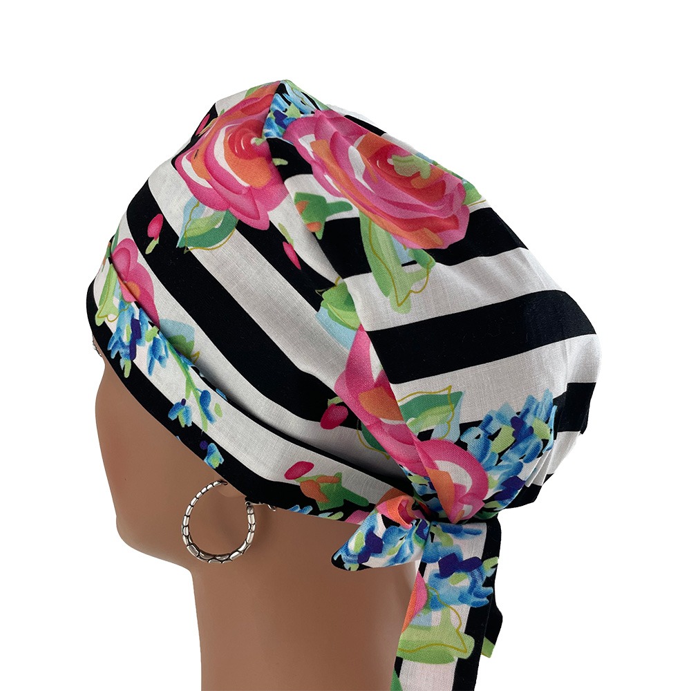 Chemo Medical Cap - Poppy Flowers Over Stripes - Image 4