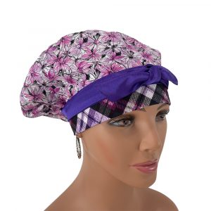 European Style Scrub Cap – Daisies/Purple Checkers