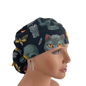 Ponytail Medical Scrub Cap-Black Cat Halloween - Black