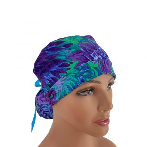 Turn Up Ponytail Medical Scrub Cap - Japanese Chrysanthemum - Purple green blue floral
