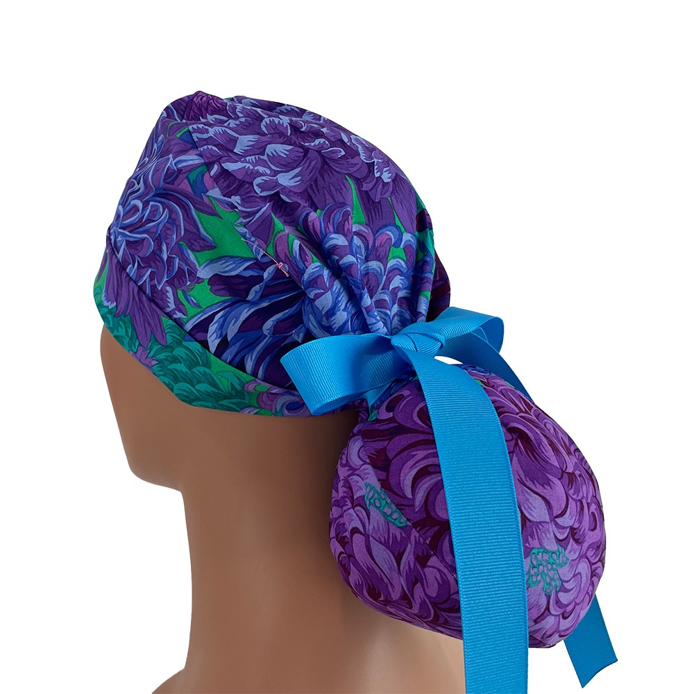 Turn Up Ponytail Medical Scrub Cap - Japanese Chrysanthemum - Purple green blue floral - Image 4