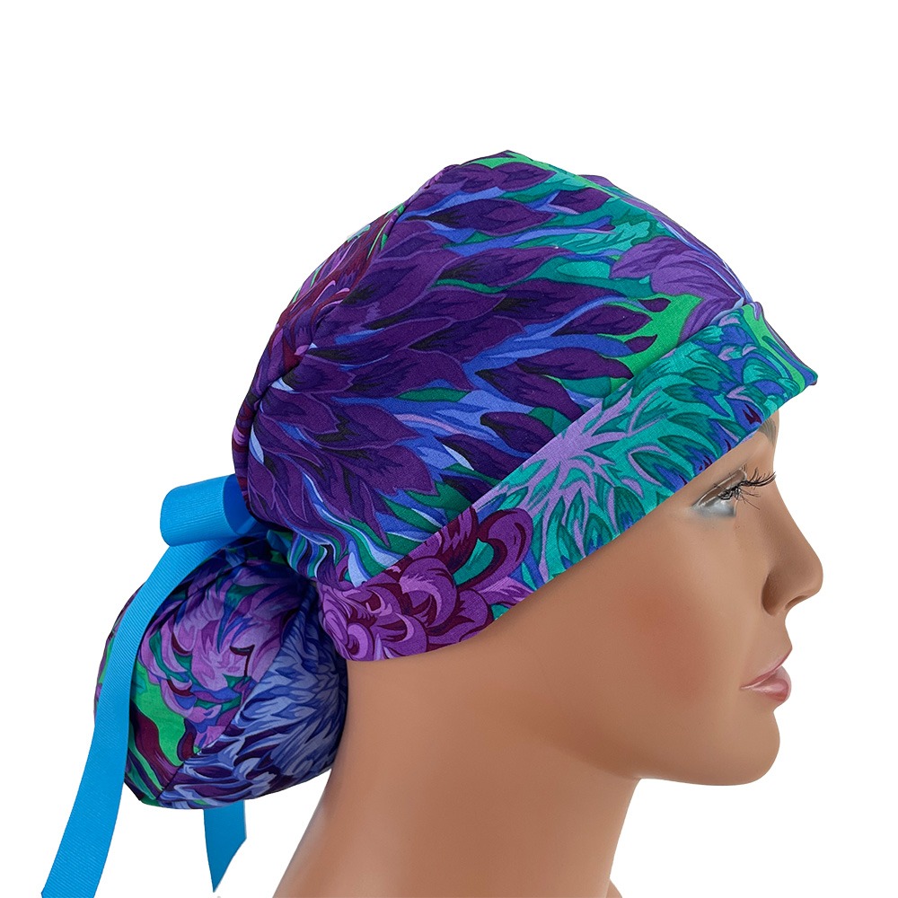 Turn Up Ponytail Medical Scrub Cap - Japanese Chrysanthemum - Purple green blue floral - Image 7