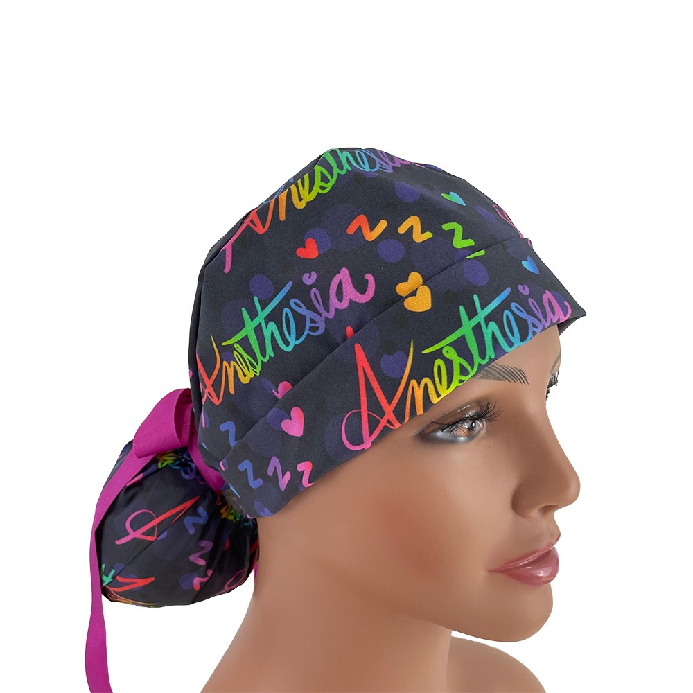 Turn Up Ponytail Medical Scrub Cap - Anesthesia Rainbow