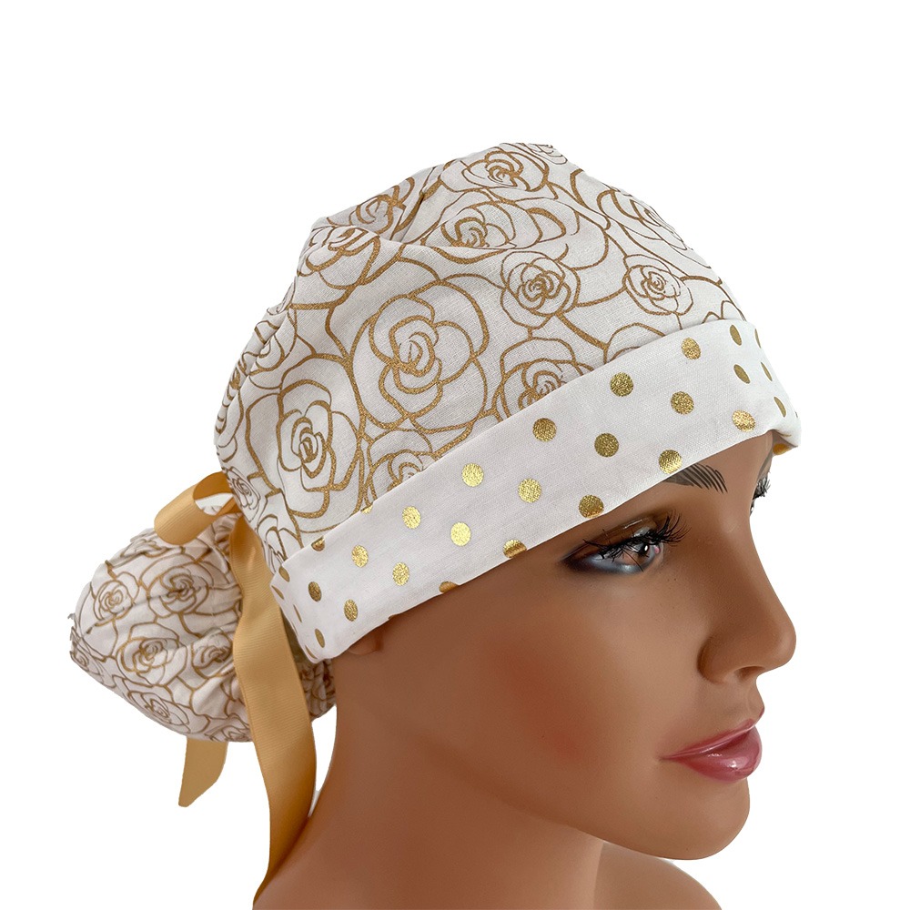 Turn Up Ponytail Medical Scrub Cap - Gold Flowers and Dots