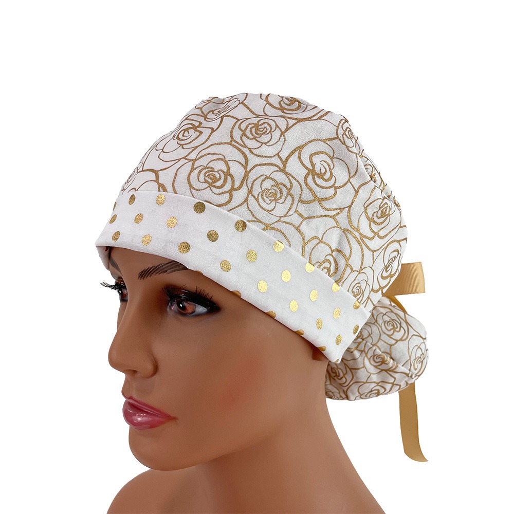 Turn Up Ponytail Medical Scrub Cap - Gold Flowers and Dots - Image 3