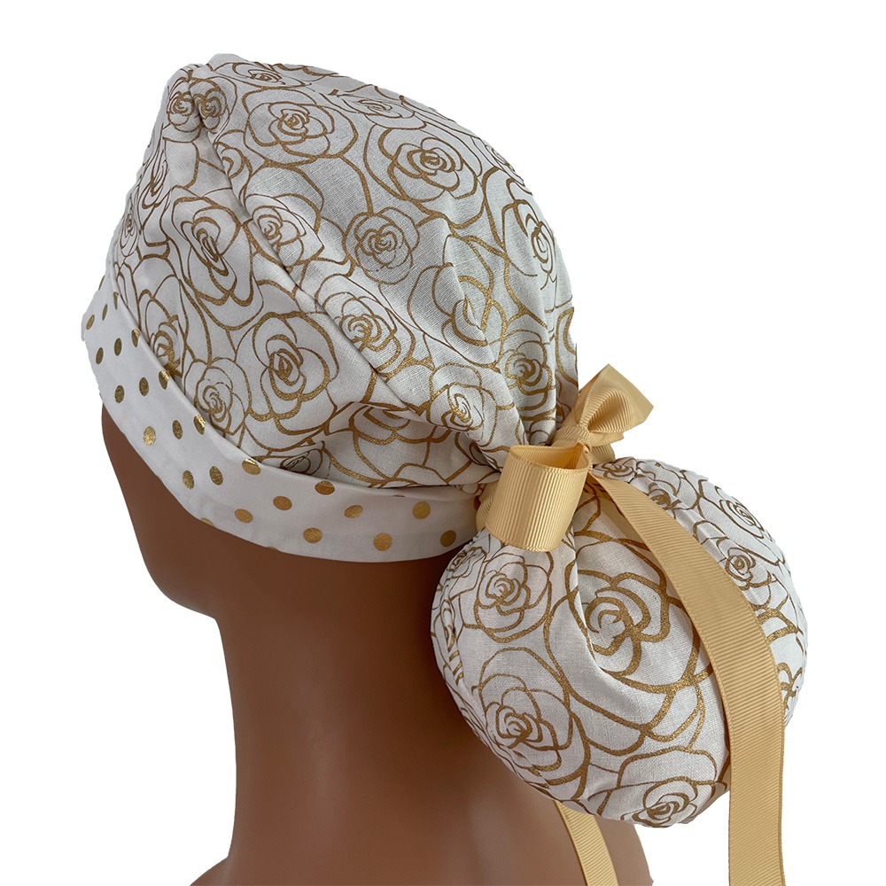 Turn Up Ponytail Medical Scrub Cap - Gold Flowers and Dots - Image 4